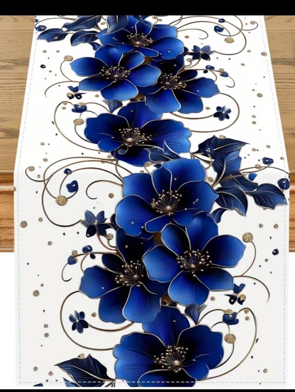 15"x56" Spring Navy Blue Floral Chinoiserie Tablerunner.